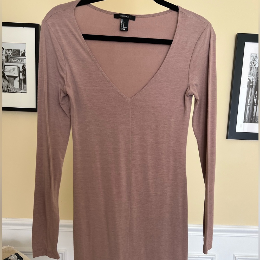 Forever 21 Pink Long Sleeve V-Neck Bodycon Dress